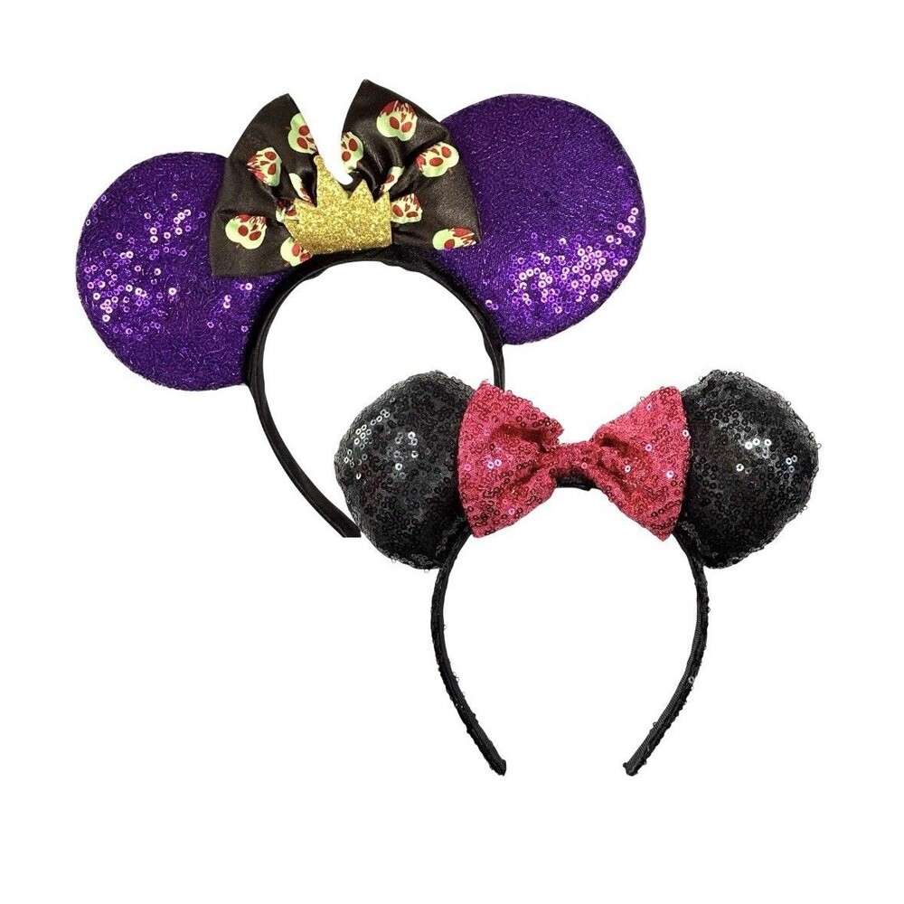 2 DISNEY Minnie Mouse Ears Red Shimmer And Purple Villains Headbands